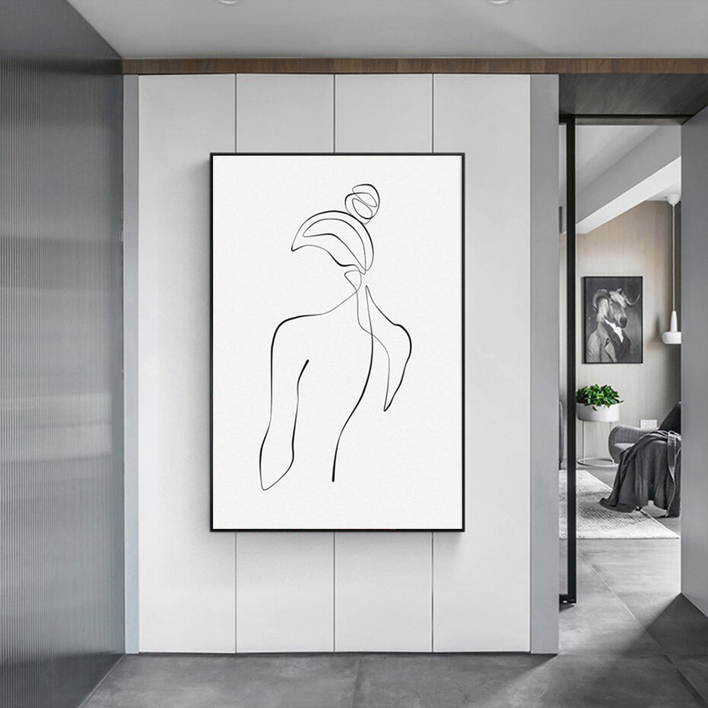 Elegant Woman Back Line Art Canvas in Black Frame - 90cm x 135cm