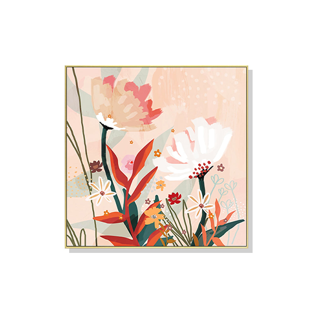 Native Floral Canvas Art in Gold Frame – 90cm x 90cm