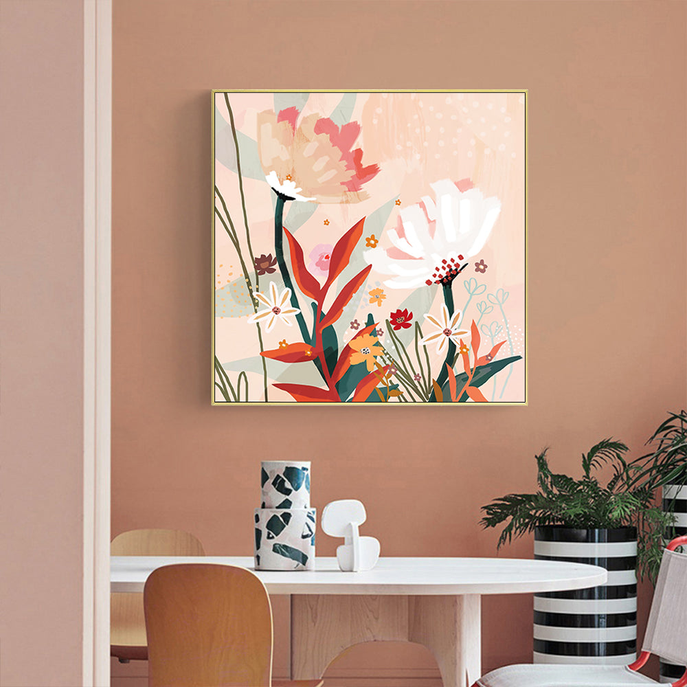 Native Floral Canvas Art in Gold Frame – 90cm x 90cm