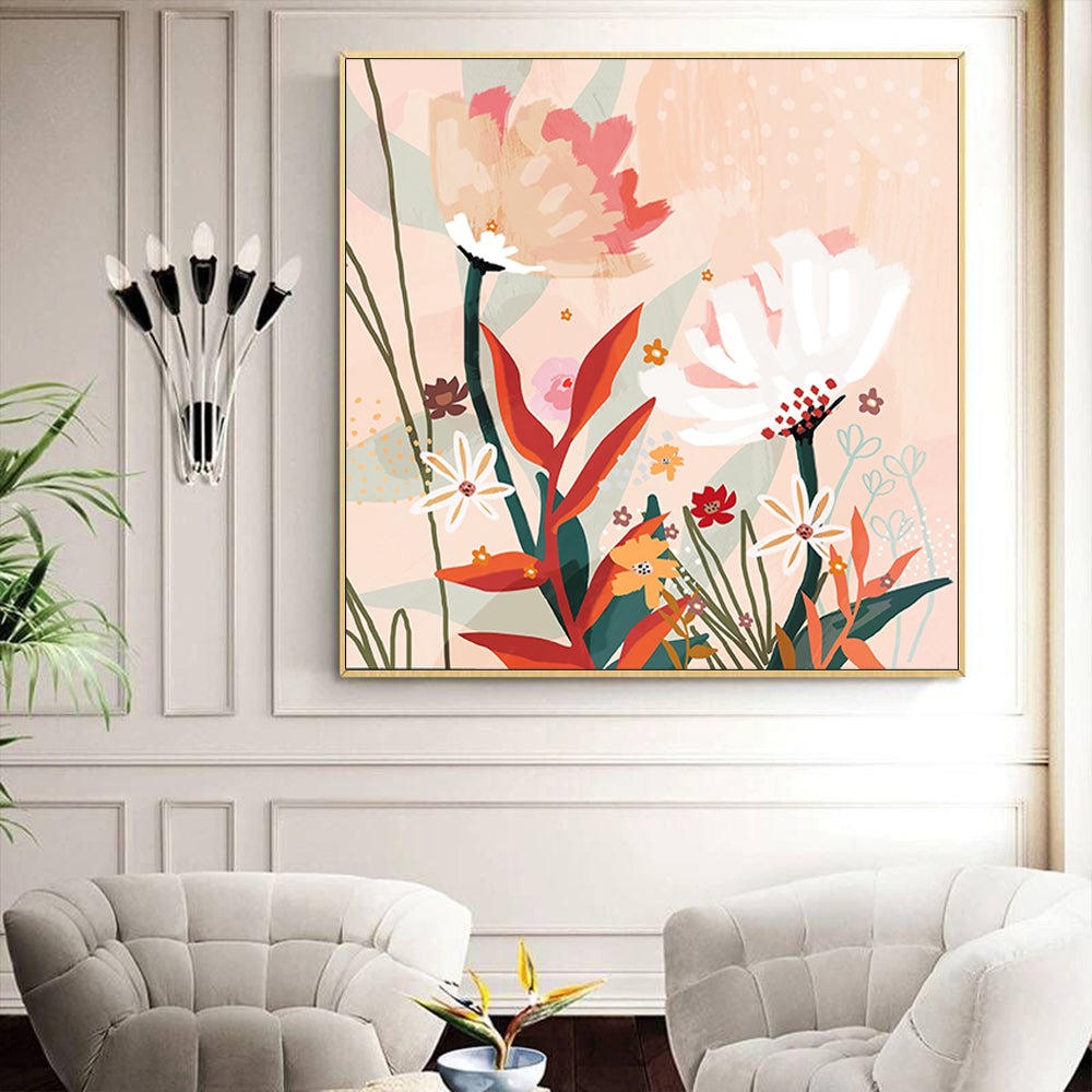 Native Floral Canvas Art in Gold Frame – 90cm x 90cm