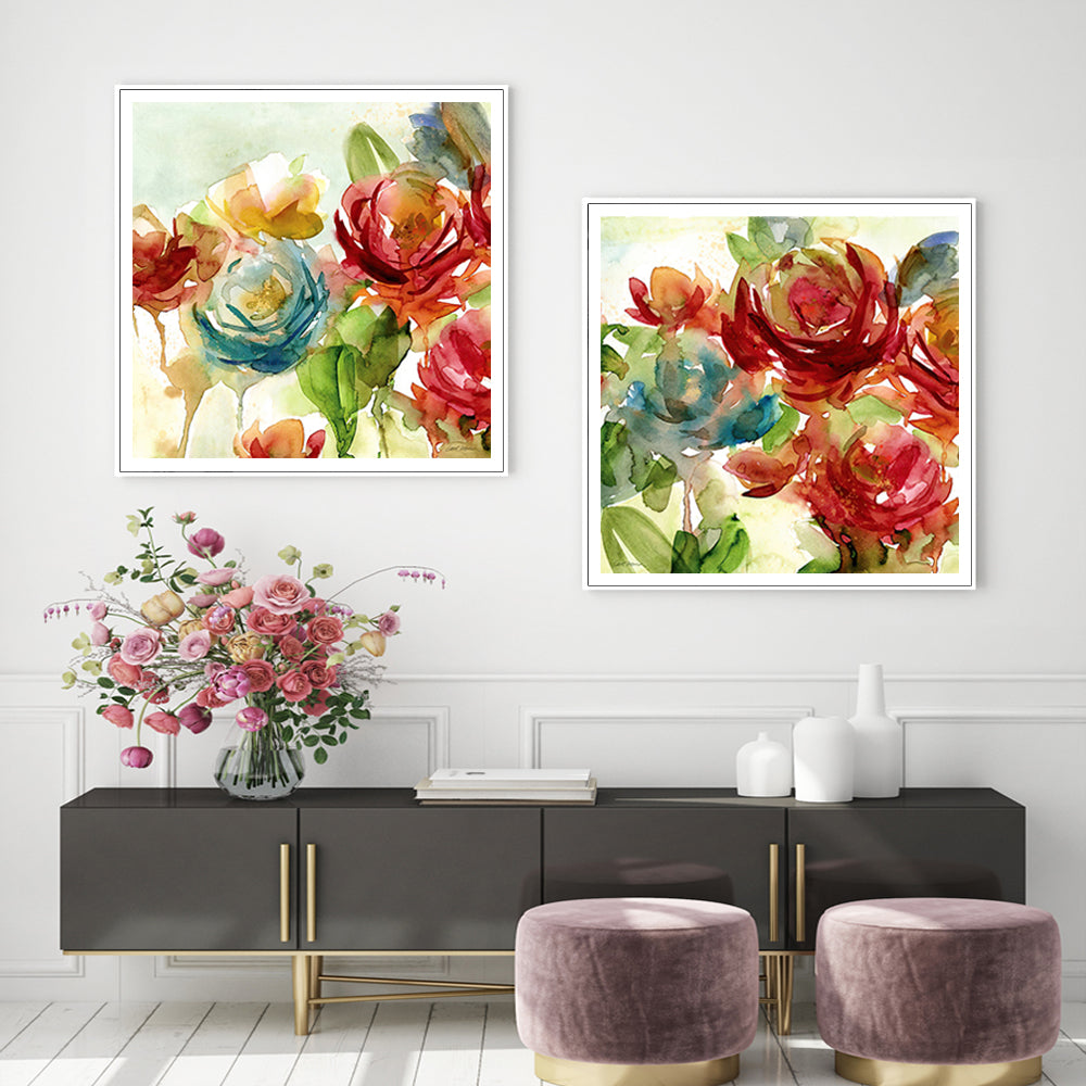 Rosewater Garden Canvas Art - 40cm x 40cm by Carol Robinson - Set of 2 with White Frames