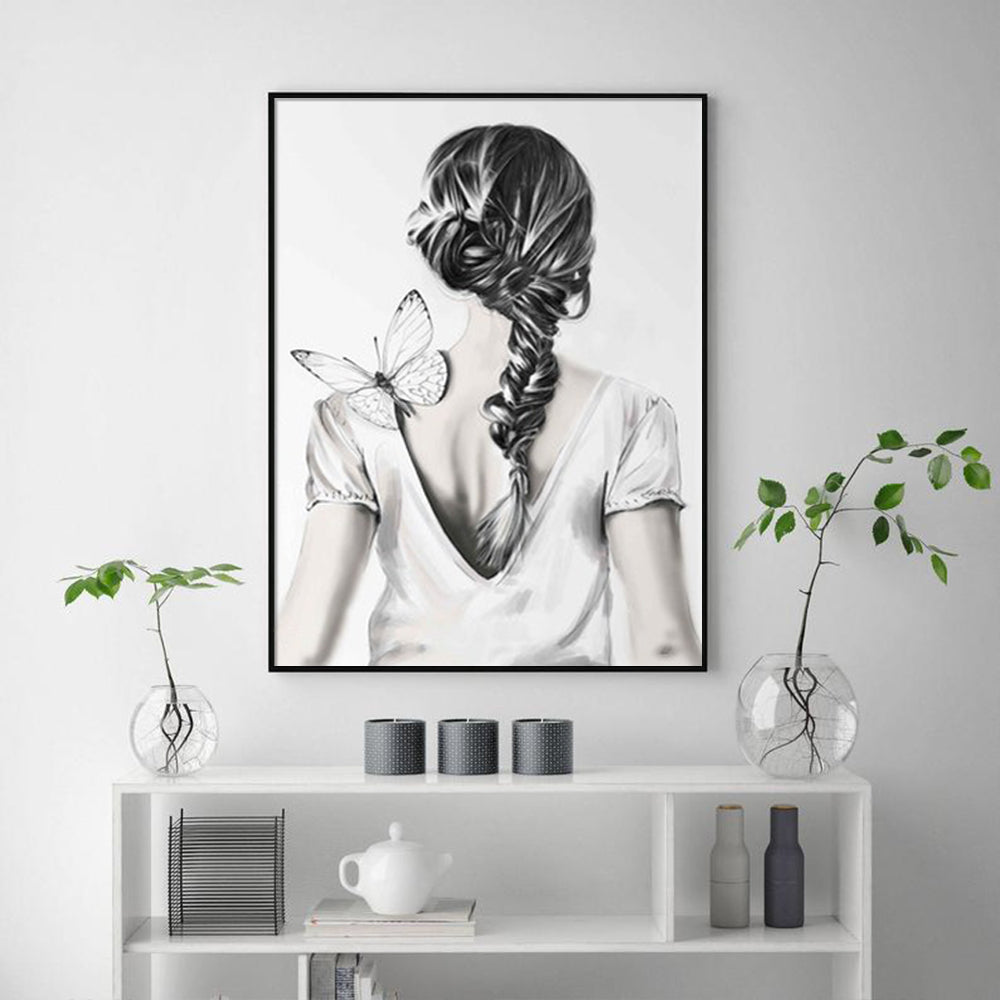 Canvas Art Print: Woman with Butterfly - 90cm x 135cm Framed Wall Decor