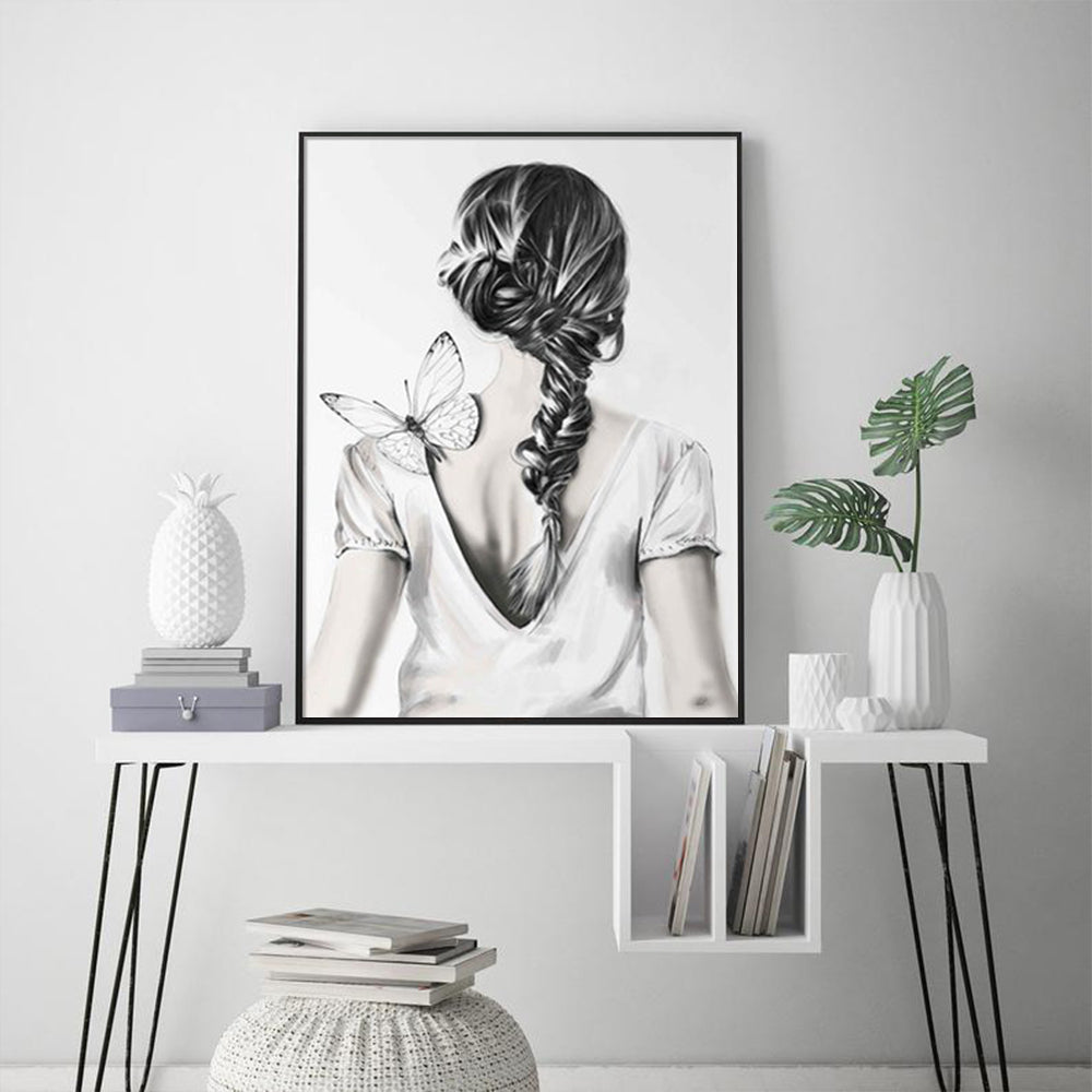 Canvas Art Print: Woman with Butterfly - 90cm x 135cm Framed Wall Decor