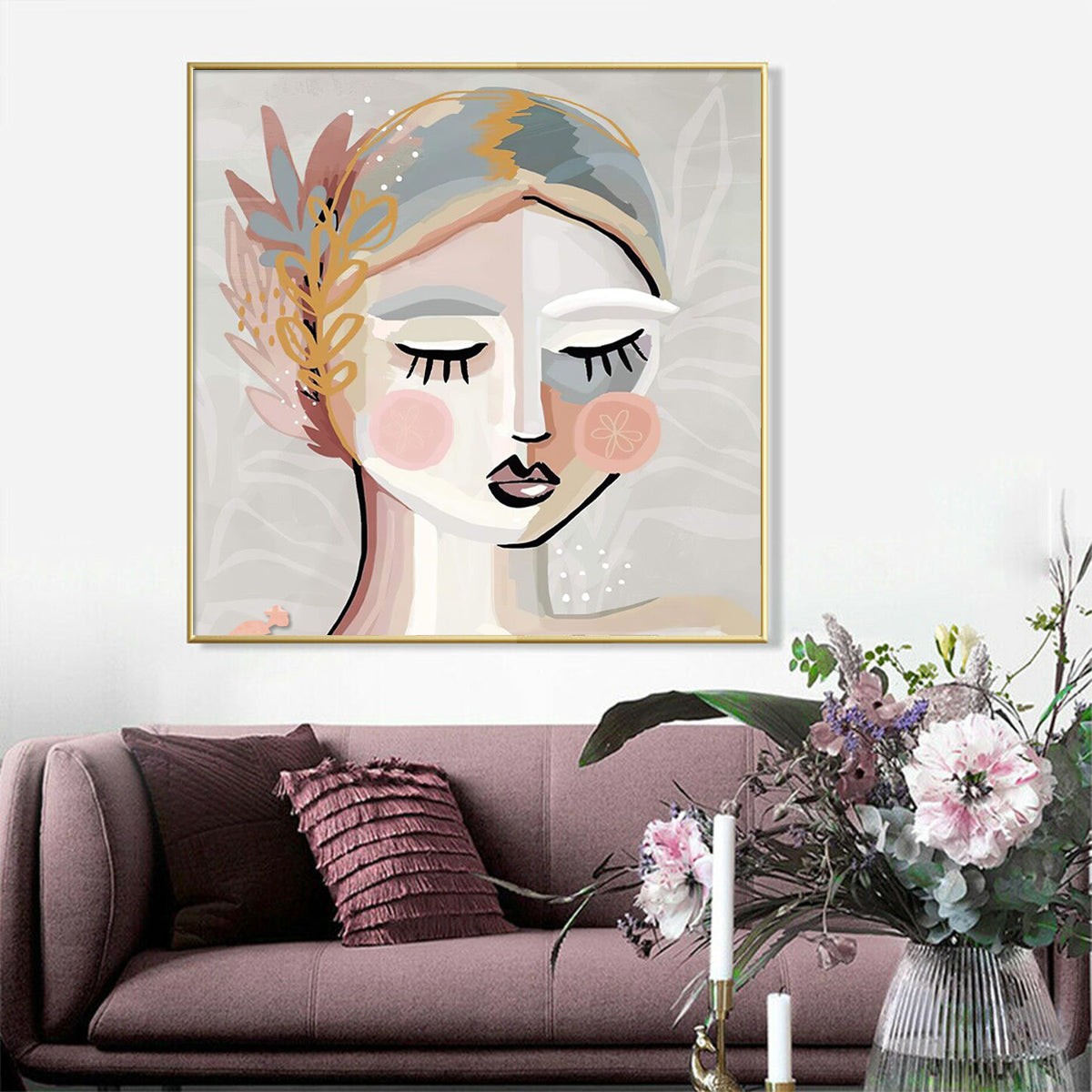 Calm Elegance: 100cmx100cm Framed Canvas Art of a Serene Girl in Gold