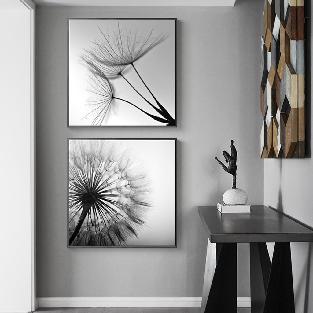 Black and White Dandelion Canvas Art Set - 40cm x 40cm Framed Prints