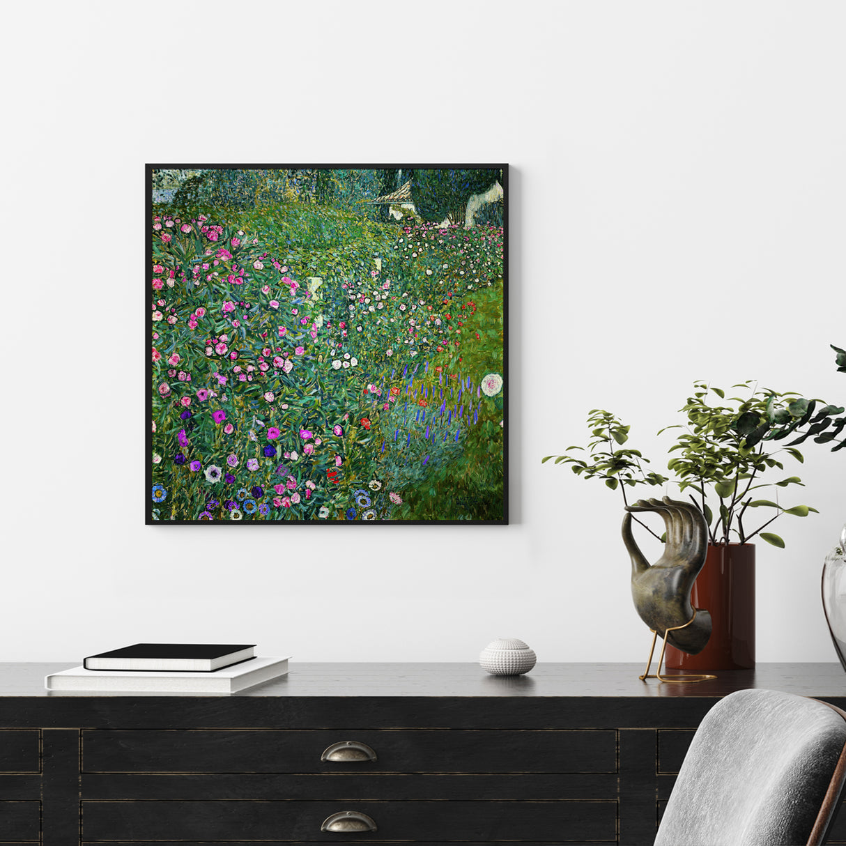 Gustav Klimt's Italian Garden Canvas Art - 90cm x 90cm with Black Floating Frame