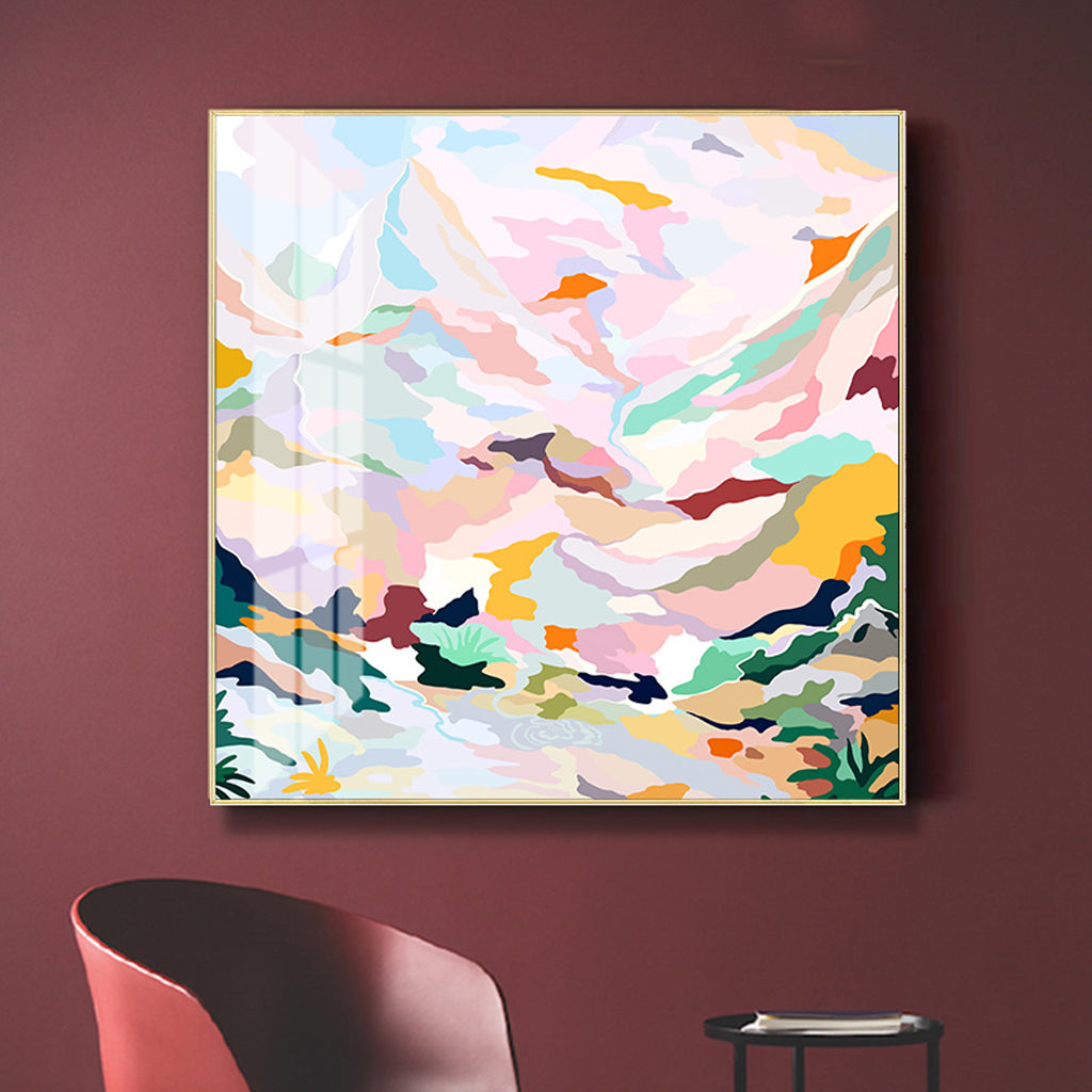 Hand-Painted Abstract Pink Mountain Canvas Art with Floating Gold Frame - 90cm x 90cm