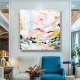 Hand-Painted Abstract Pink Mountain Canvas Art with Floating Gold Frame - 90cm x 90cm