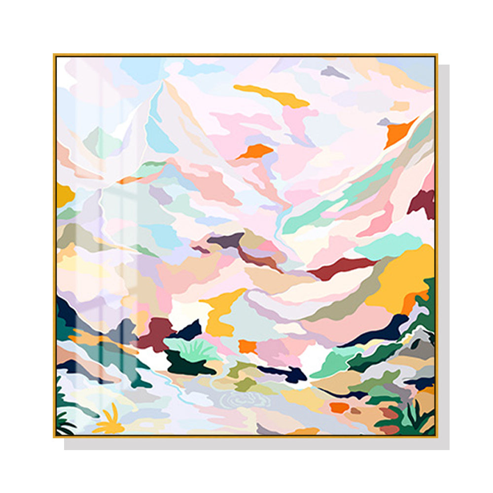 Abstract Pink Mountain Canvas Art with Gold Frame - 100cm x 100cm Hand-Painted Design