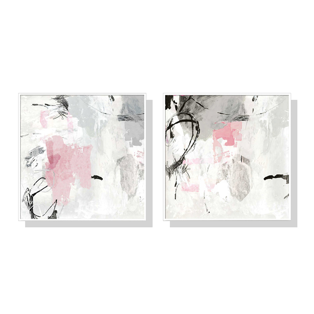 Abstract Pink and Grey Canvas Wall Art Set - 40cm x 40cm with White Floating Frames