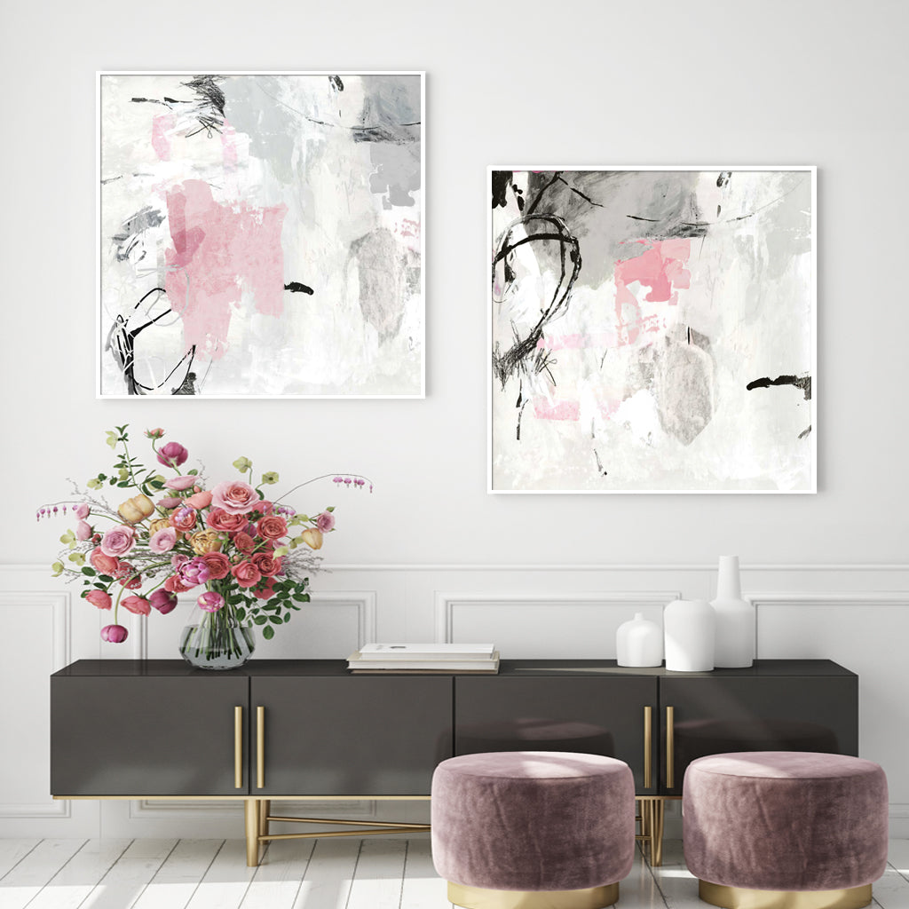 Abstract Pink and Grey Canvas Wall Art Set - 40cm x 40cm with White Floating Frames