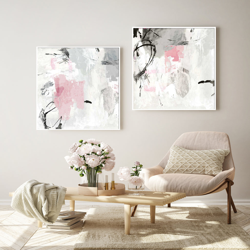 Abstract Pink and Grey Canvas Wall Art Set - 40cm x 40cm with White Floating Frames