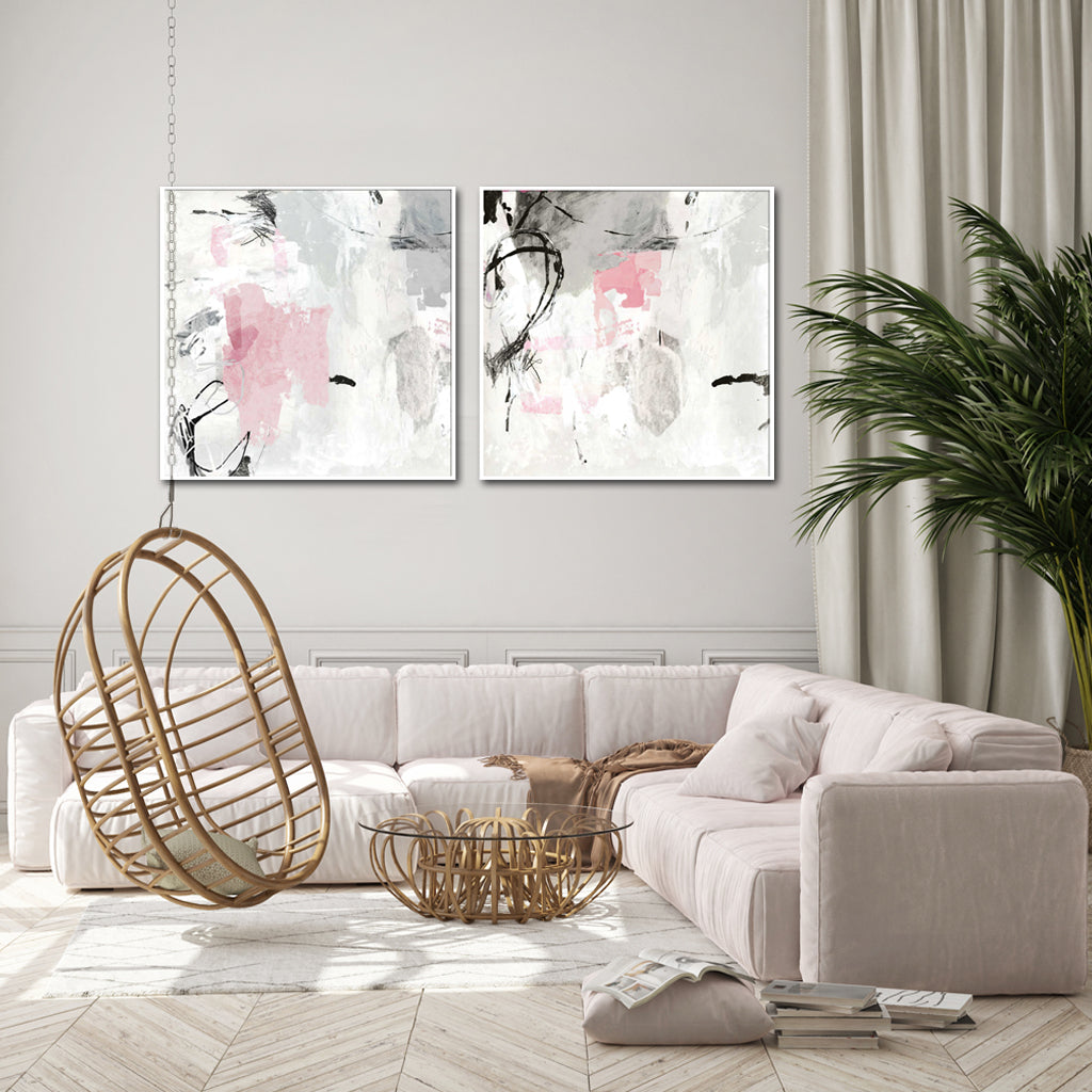 Abstract Pink and Grey Canvas Wall Art Set - 40cm x 40cm with White Floating Frames