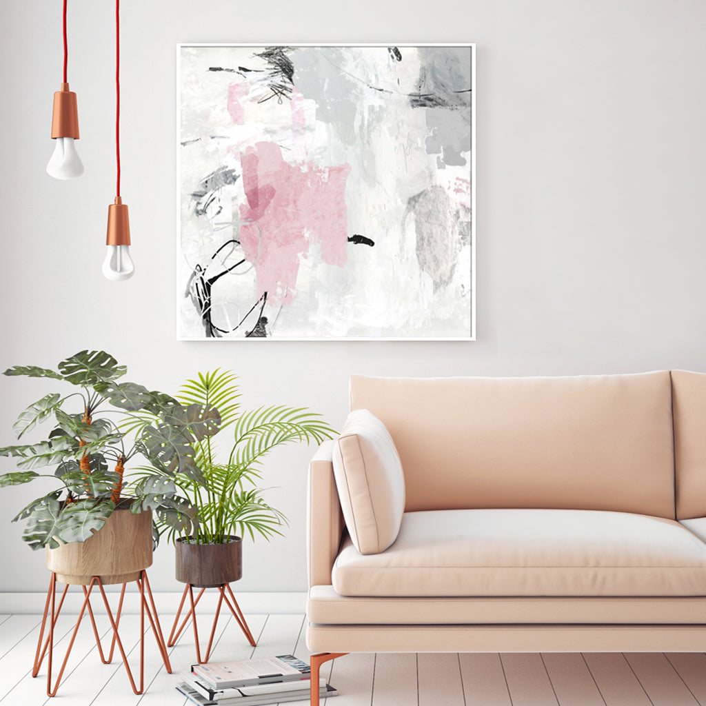 Abstract Pink and Grey Canvas Wall Art Set - 40cm x 40cm with White Floating Frames