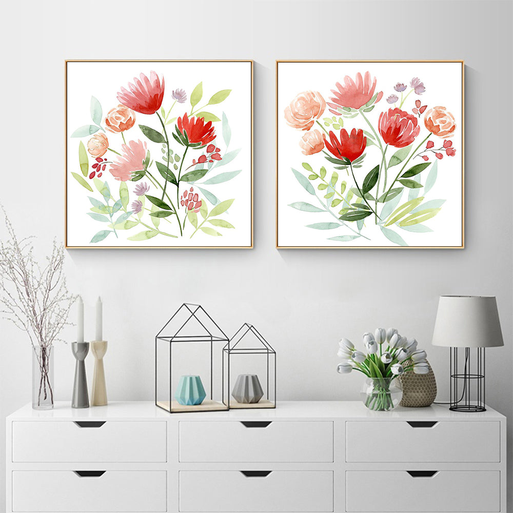 Floral Canvas Art Set with Gold Frames - 80cm x 80cm