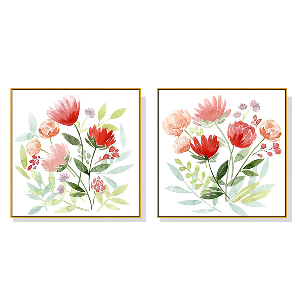 Floral Elegance: 90cmx90cm Gold Framed Canvas Wall Art Set (2 Pieces)