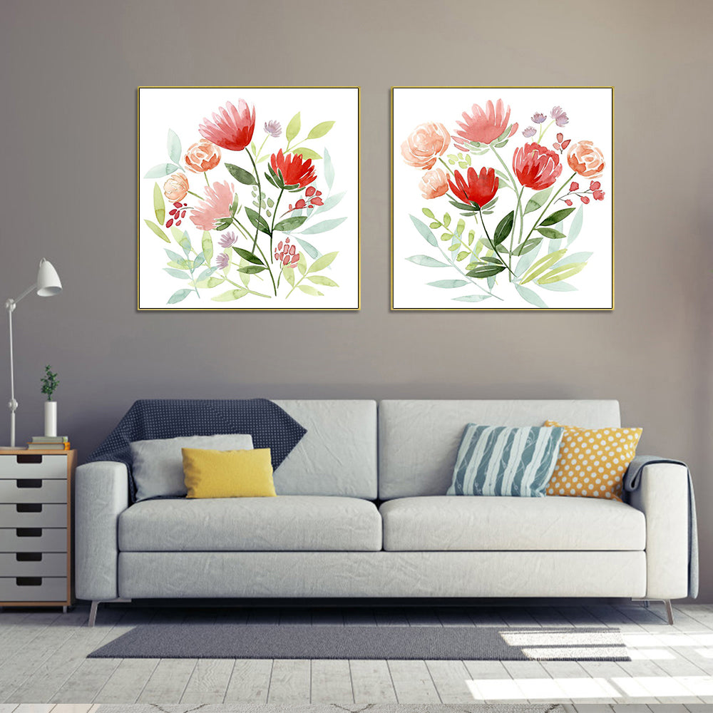 Floral Elegance: 90cmx90cm Gold Framed Canvas Wall Art Set (2 Pieces)