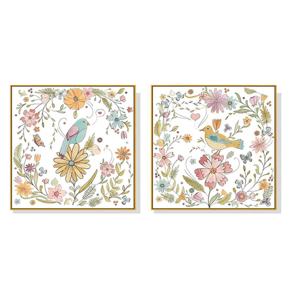 Elegant Floral Bird Canvas Art Set - 80cm x 80cm with Gold Frame