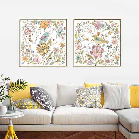 Floral Birds Canvas Art Set with Gold Frame - 90cm x 90cm