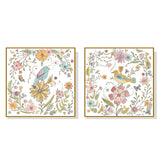 Floral Birds Canvas Art Set - 100cm x 100cm with Elegant Gold Frame