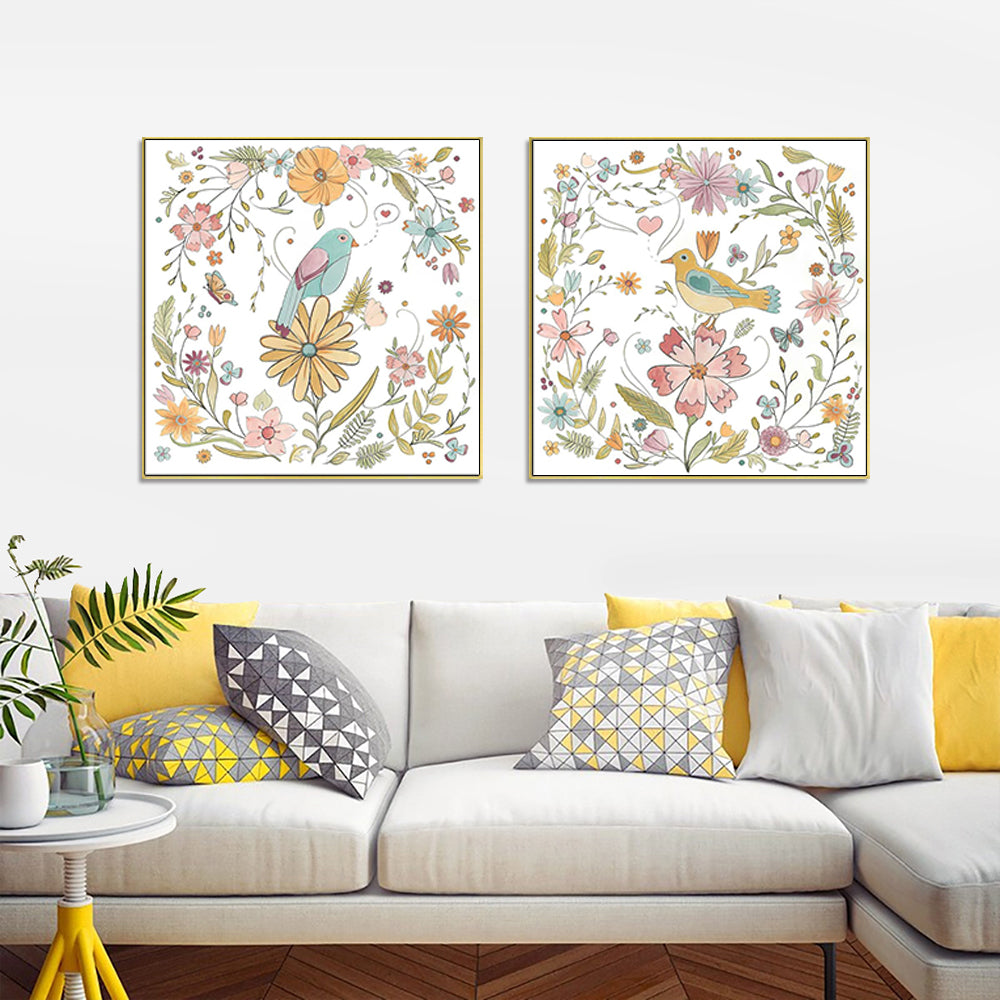 Floral Birds Canvas Art Set - 100cm x 100cm with Elegant Gold Frame