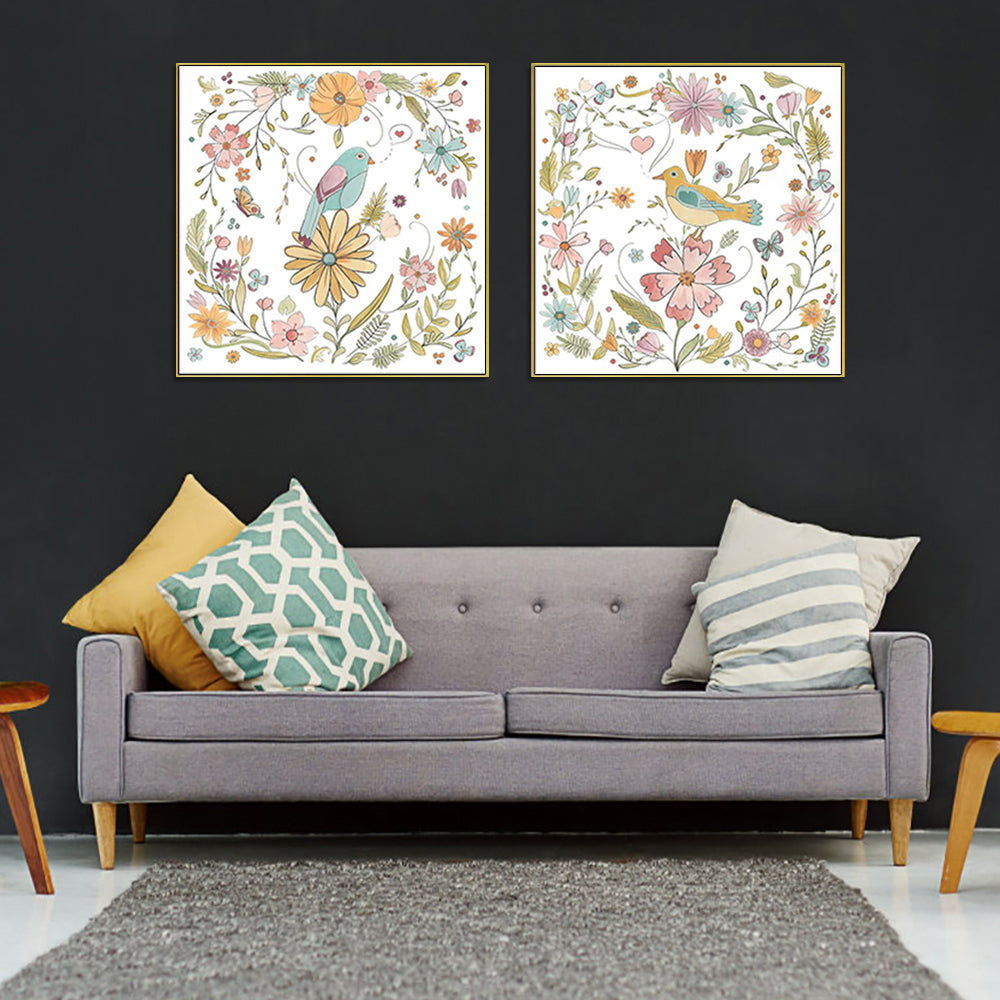 Floral Birds Canvas Art Set - 100cm x 100cm with Elegant Gold Frame