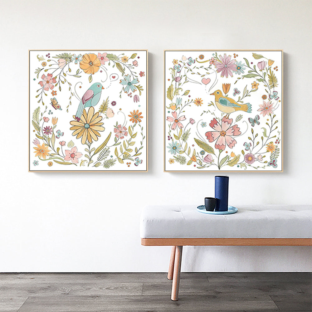 Floral Birds Canvas Art Set - 100cm x 100cm with Elegant Gold Frame