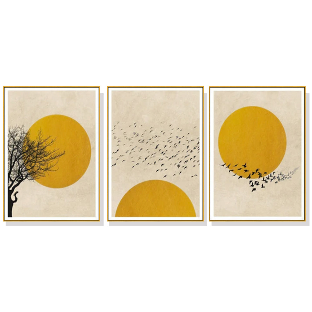 Flock of Birds Sun Silhouette Canvas Art - 70cm x 100cm with Elegant Gold Frame (Set of 3)