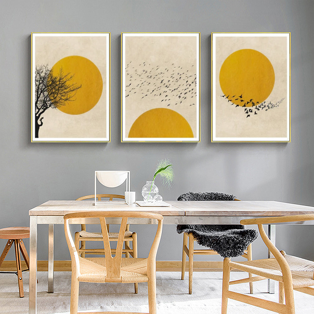 Flock of Birds Sun Silhouette Canvas Art - 70cm x 100cm with Elegant Gold Frame (Set of 3)