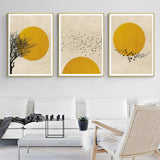 Flock of Birds Sun Silhouette Canvas Art - 70cm x 100cm with Elegant Gold Frame (Set of 3)