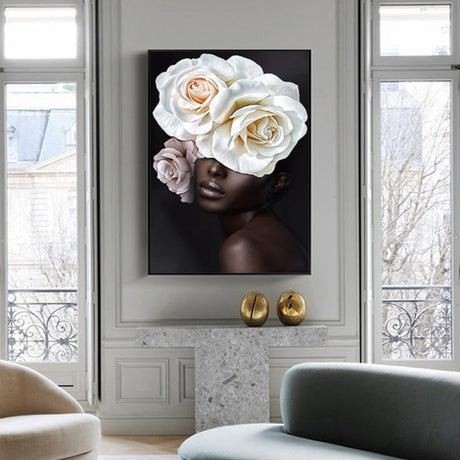 Framed Canvas Art: 90cm x 135cm African Woman with Floral Design