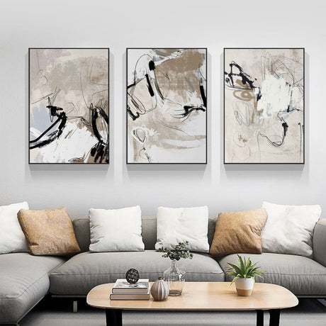 Modern Abstract Beige Canvas Wall Art Set - 70cm x 100cm with Black Frames (3 Pieces)