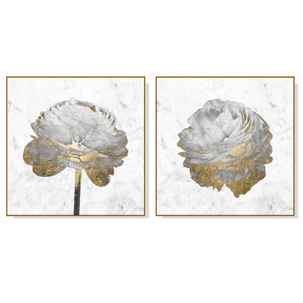 Elegant Gold and White Blossom Canvas Art Set - Framed Wall Decor (90cm x 90cm)