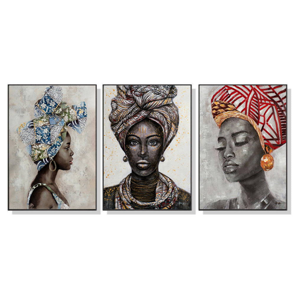 African Women Canvas Art Set - 80cm x 120cm Black Frame - 3 Piece Collection