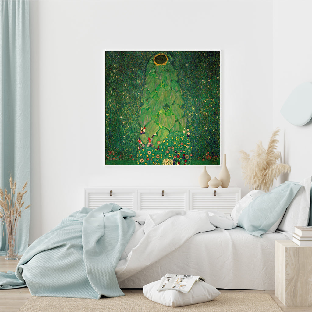 Gustav Klimt Inspired Sunflower Canvas Art - 100cmx100cm with White Floating Frame