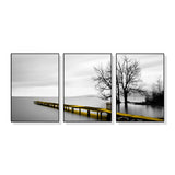 Serene Lake Bridge and Tree Canvas Triptych - 70cm x 100cm with Elegant Black Frames