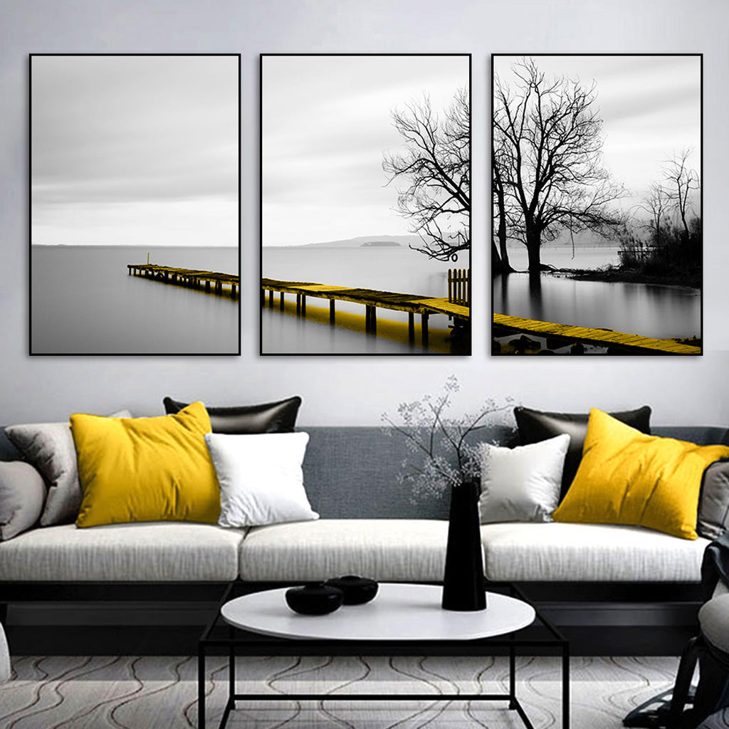 Serene Lake Bridge and Tree Canvas Triptych - 70cm x 100cm with Elegant Black Frames