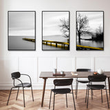 Serene Lake Bridge and Tree Canvas Triptych - 70cm x 100cm with Elegant Black Frames