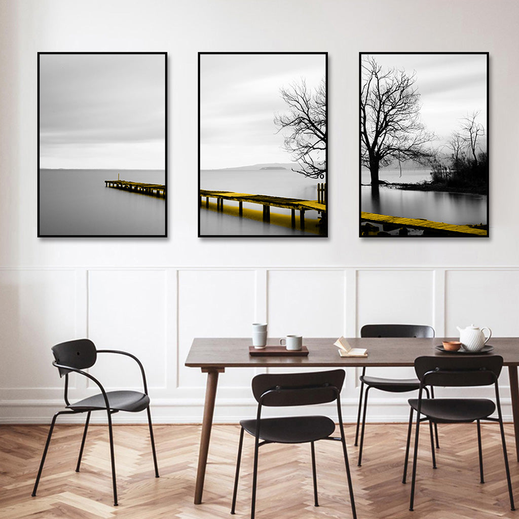 Serene Lake Bridge Tree Canvas Art Set - 80cm x 120cm with Black Frame