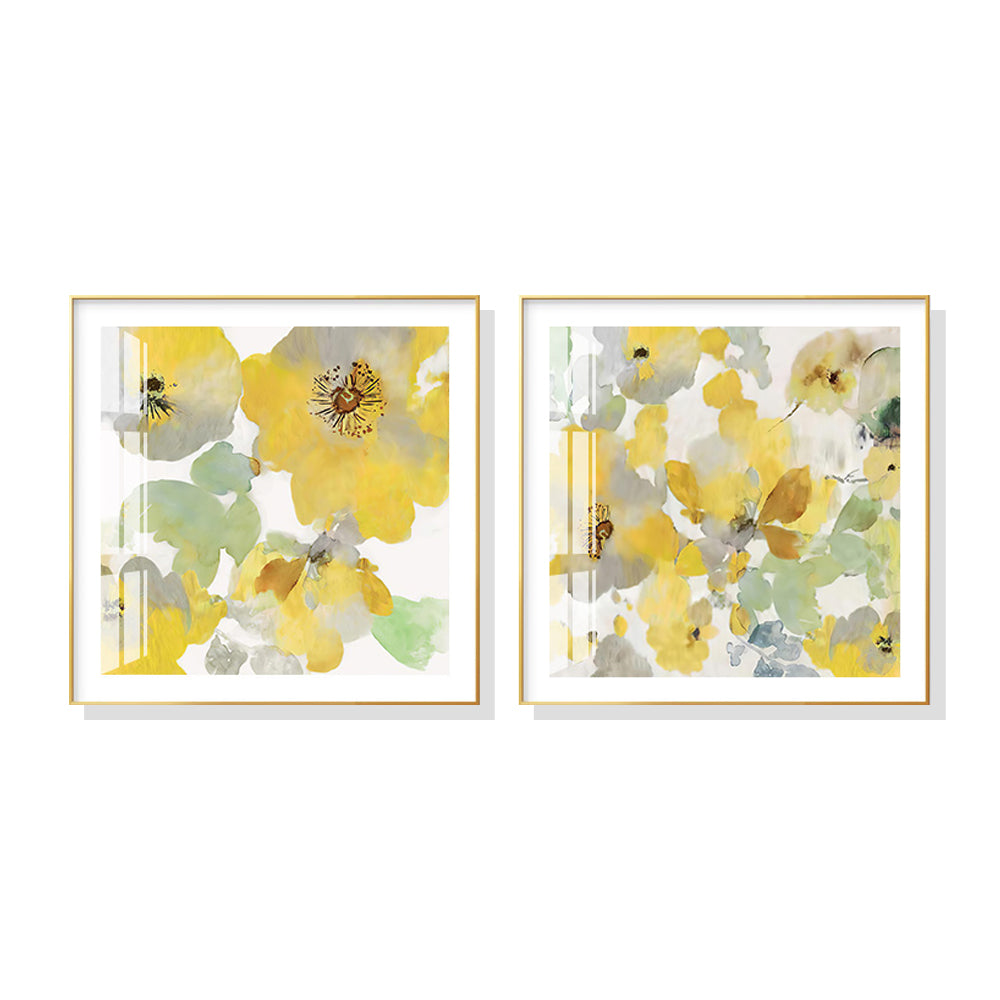 Golden Framed Yellow Flower Canvas Art - 80cm x 80cm - Set of 2