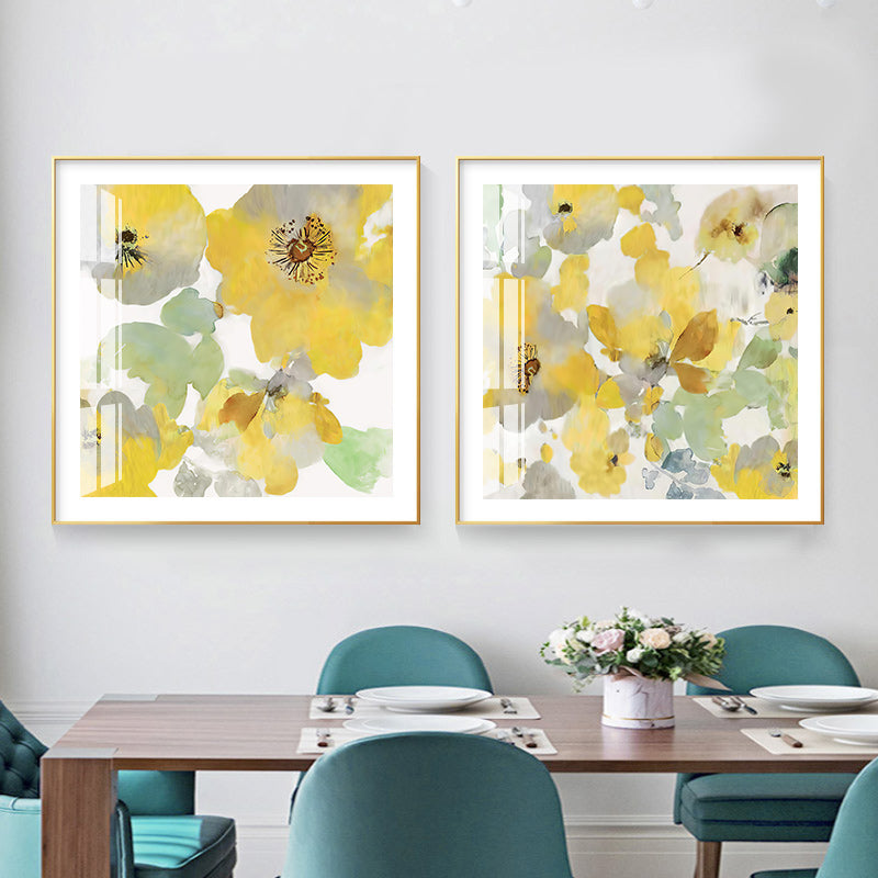 Golden Framed Yellow Flower Canvas Art - 80cm x 80cm - Set of 2