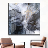 Elegant Marbled Black and Grey Canvas Art with Black Frame - 90cm x 90cm