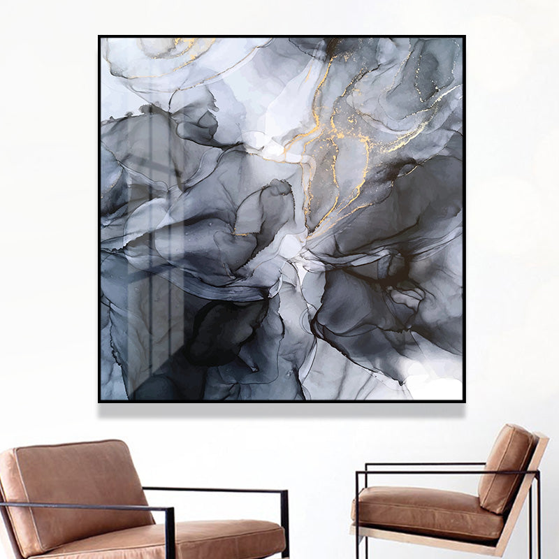 Marbled Black and Grey Canvas Wall Art with Floating Frame - 100cm x 100cm