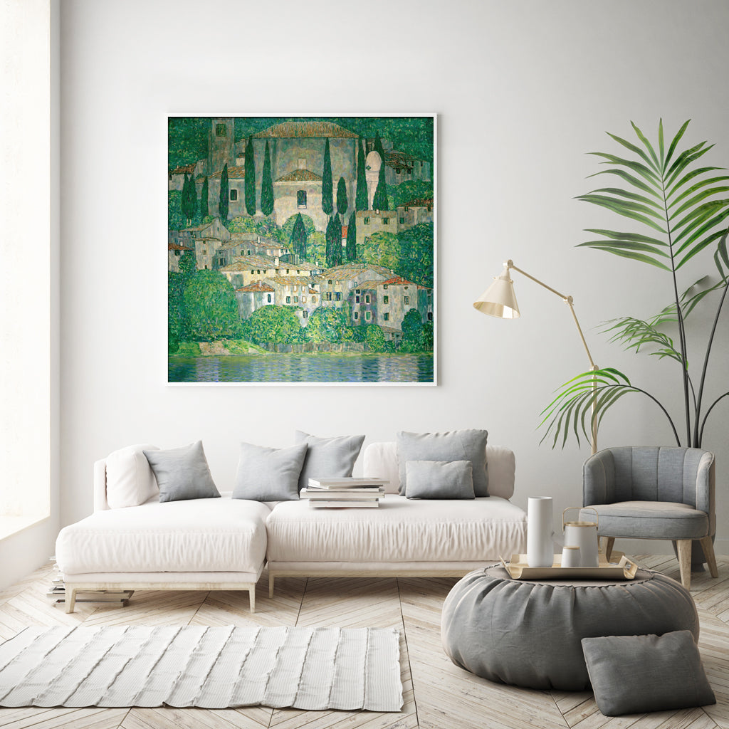 Gustav Klimt's "Church in Cassone" 90cm x 90cm Canvas Wall Art with White Floating Frame