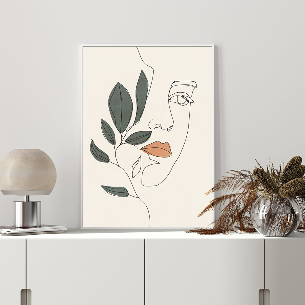 Elegant Line Art Girl Face Canvas Print with White Floating Frame - 100cm x 150cm