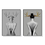 Elegant Canvas Wall Art Set: 40cm x 60cm Girl with Gold Horn in Black Frame