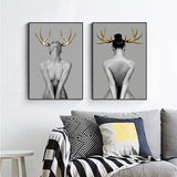 Elegant Canvas Wall Art Set: 40cm x 60cm Girl with Gold Horn in Black Frame