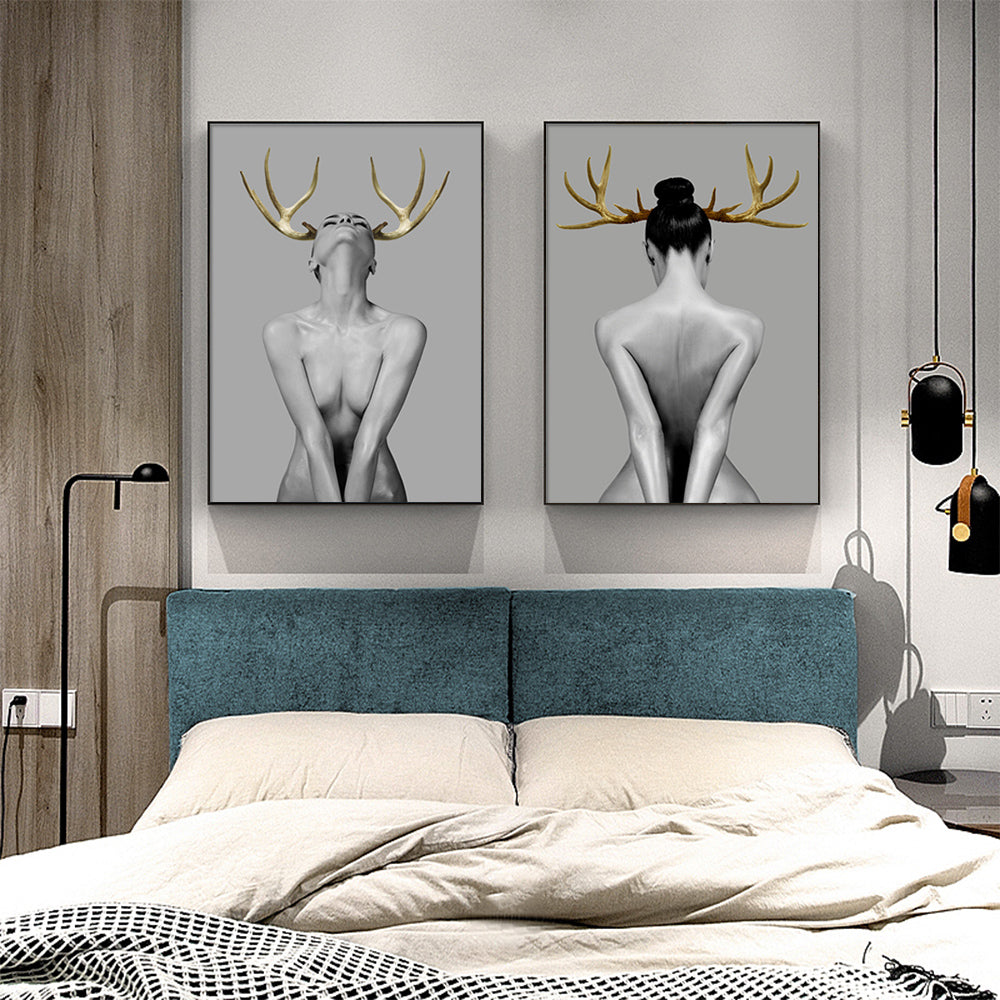 Elegant Canvas Wall Art Set: 40cm x 60cm Girl with Gold Horn in Black Frame