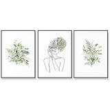 Botanical Line Art Set of 3 - Framed Canvas Prints (70cm x 100cm) with Black Frames