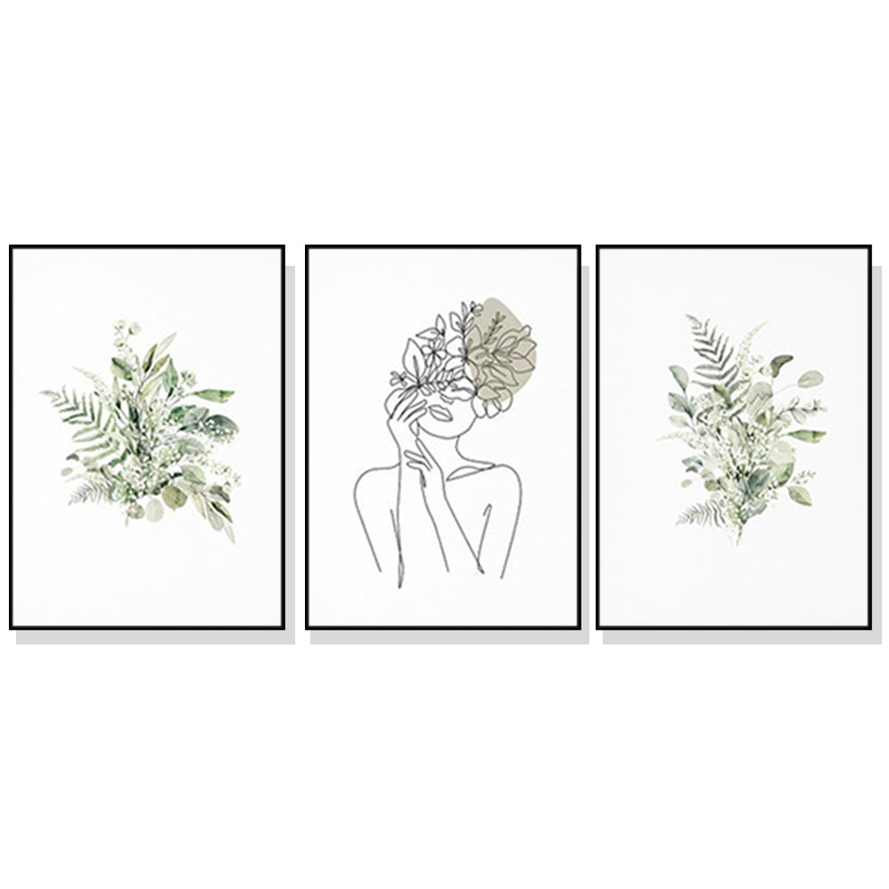 Botanical Line Art Girl Canvas Set with Black Frame - 80cm x 120cm